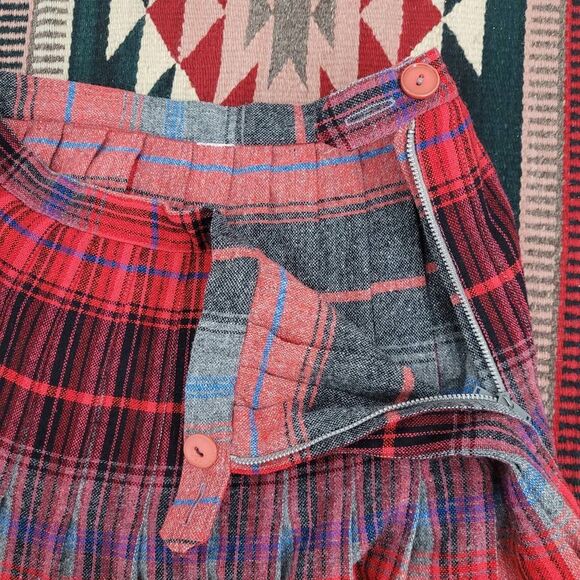 Vintage Wool Plaid Pleated Skirt Sz Small Red Gray Reversible‎ Schoolgirl Preppy - Picture 3 of 6